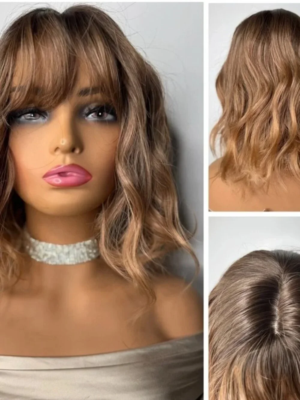 Mocha Brown Wavy Synthetic Wig with Bangs | Shoulder Length | Natural Part